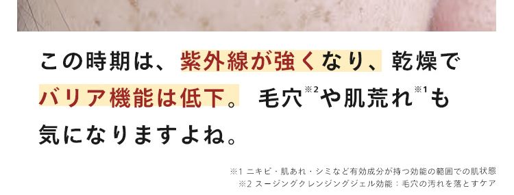 旅行やお出かけ、、
忙しくなる、これからの時期･･･
「あれ?シミ増えた•••?」
この時期は、紫外線が強くなり、乾燥で
バリア機能は低下。 毛穴や肌荒れも
気になりますよね。
※1 ニキビ・肌あれ・シミなど有効成分が持つ効能の範囲での肌状態
※2 スージングクレンジングジェル効能: 毛穴の汚れを落とすケア