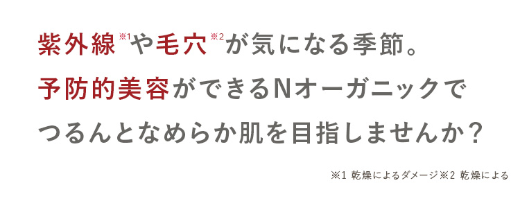 紫外線 *や毛穴 ※2 が気になる季節。
予防的美容ができるNオーガニックで
つるんとなめらか肌を目指しませんか?
※1 乾燥によるダメージ 2 乾燥による