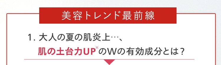 美容トレンド最前線
1. 大人の夏の肌炎上...、
肌の土台力UPのWの有効成分とは?