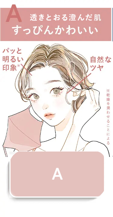 A
透きとおる澄んだ肌
すっぴんかわいい
パッと
明るい
印象
自然な
ツヤ
A
※乾燥を潤わせることによる