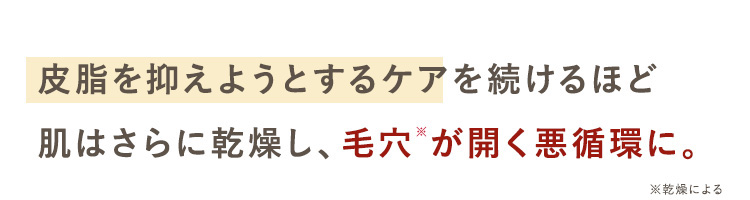 皮脂を抑えようとするケアを続けるほど
肌はさらに乾燥し、 毛穴が開く悪循環に。
※乾燥による
