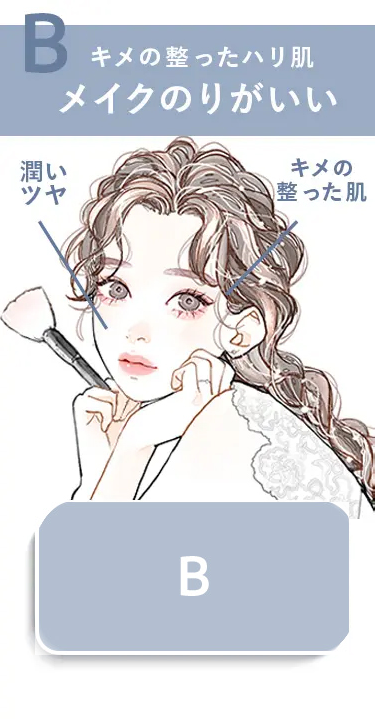 B
キメの整ったハリ肌
潤い
ツヤ
メイクのりがいい
キメの
整った肌
B