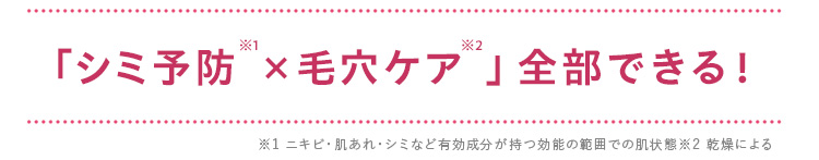 *2
「シミ予防 × 毛穴ケア 」全部できる!
・・・・・・
※1 ニキビ・肌あれ・シミなど有効成分が持つ効能の範囲での肌状態2 乾燥による