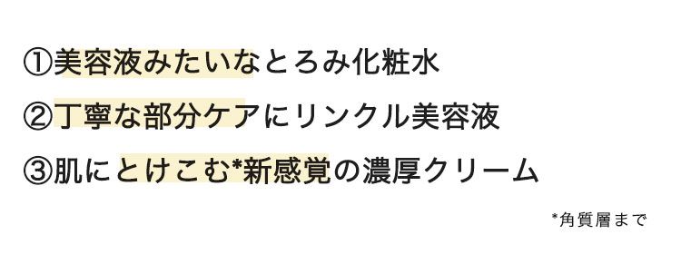 ①美容液みたいなとろみ化粧水 ②丁寧な部分ケアにリンクル美容液 ③肌にとけこむ新感覚の濃厚クリーム step1ローション step2美容液 step3クリーム 口コミでも話題！ 「濃厚なのに、ベタつかない！」「朝、メイク前のスキンケアにも嬉しい！」「お風呂上がり、いい香り‥！」