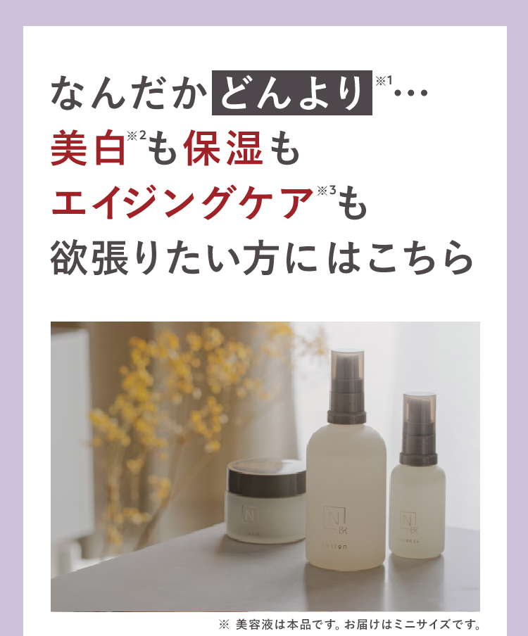なんだかどんより※1…
美白※2も保湿も
エイジングケア※3も
欲張りたい方にはこちら