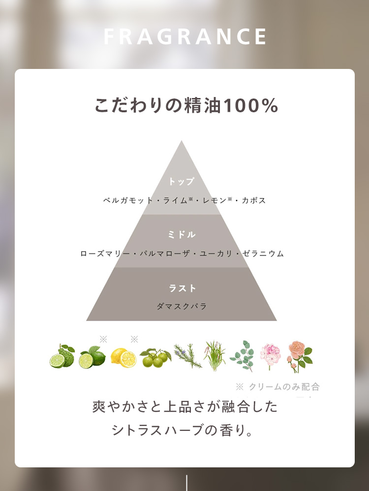 ベタつかず伸びが良い!
精油 100%
柑橘系のさっぱりとした
いい香りに包まれて、
デコルテまで気持ちよくマッサージ
トップ
ベルガモット
カボス
ミドル
ラスト
パルマローザ・ローズマリー
ユーカリ・ゼラニウム
ダマスクバラ