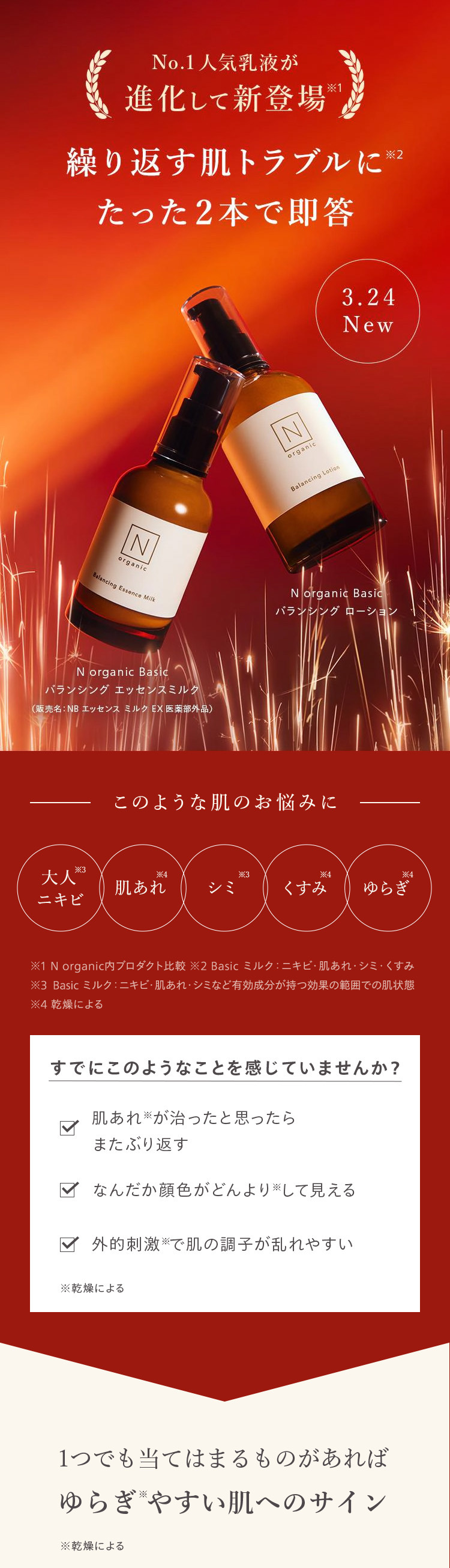 No.1 人気乳液が
進化して新登場
*1
繰り返す肌トラブルに※2
たった2本で即答
