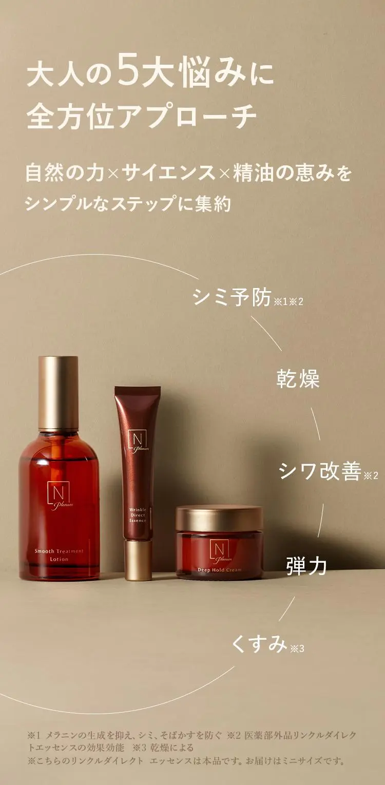 大人の５大悩みに全範囲アプローチ
自然の力×サイエンス精油の恵をシンプルなステップに集約