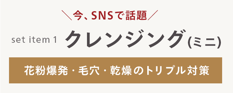 set item 1
今、SNSで話題/
クレンジング (ミニ)
花粉爆発・毛穴 乾燥のトリプル対策