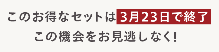 このお得なセットは3月23日で終了
この機会をお見逃しなく!