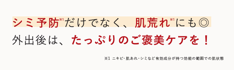 シミ予防だけでなく、 肌荒れにも◎
外出後は、 たっぷりのご褒美ケアを!
※1 ニキビ・肌あれ・シミなど有効成分が持つ効能の範囲での肌状態