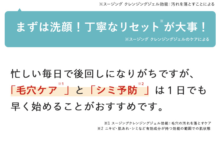 ※スージング クレンジングジェル効能: 汚れを落とすことによる
まずは洗顔!丁寧なリセットが大事!
※スージング クレンジングジェルのケアによる
忙しい毎日で後回しになりがちですが、
*1
*2
「毛穴ケア」と「シミ予防」は1日でも
早く始めることがおすすめです。
※1 スージングクレンジングジェル効能: 毛穴の汚れを落とすケア
※2 ニキビ・肌あれ・シミなど有効成分が持つ効能の範囲での肌状態